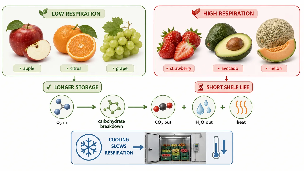 Respiration rate and storage life comparison showing low-respiration fruits with longer storage and high-respiration fruits with shorter shelf life plus cooling to slow respiration
