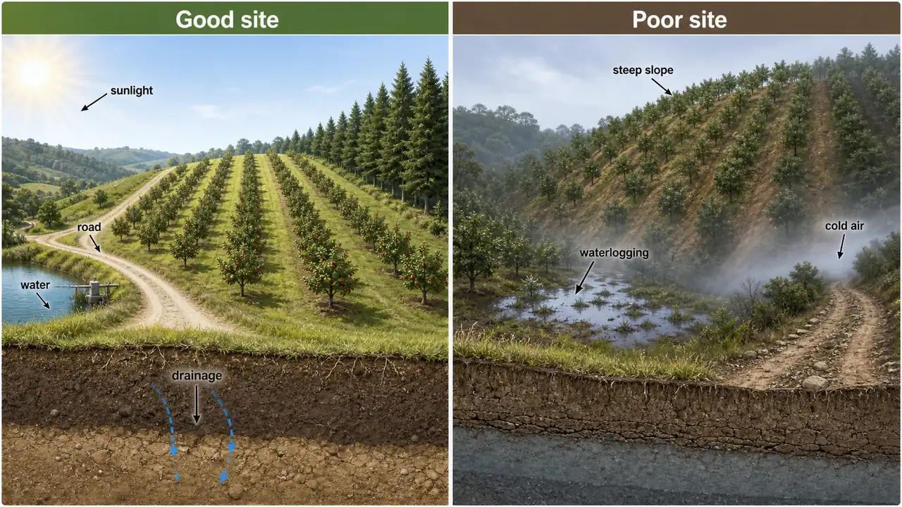 Orchard site selection comparison showing good slope, drainage, sunlight, road access, and poor waterlogged steep site