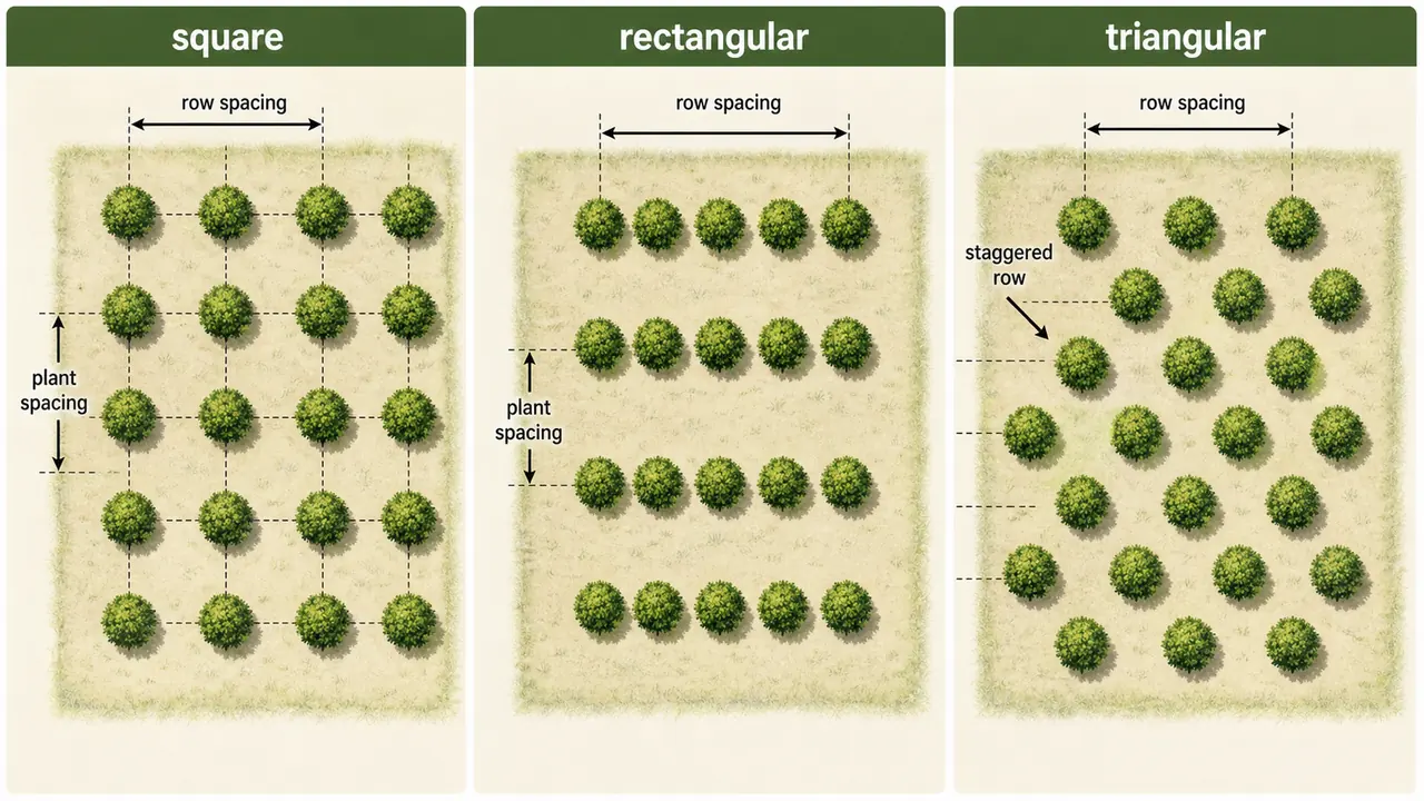Comparison of square rectangular and triangular orchard planting systems with row spacing and plant spacing