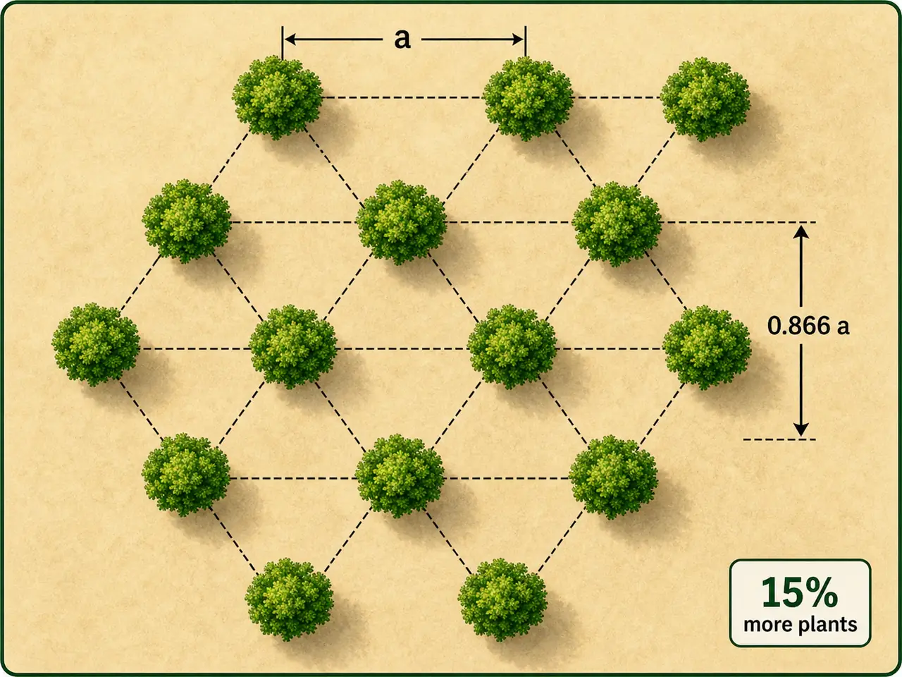 Hexagonal orchard planting system showing equilateral triangle spacing and staggered rows in pomology