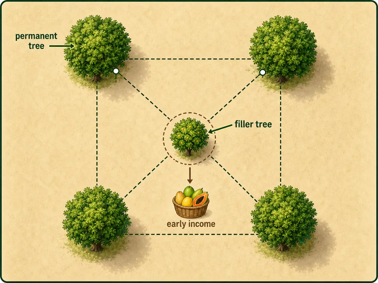Quincunx orchard planting system showing permanent trees at square corners and a filler tree at the center
