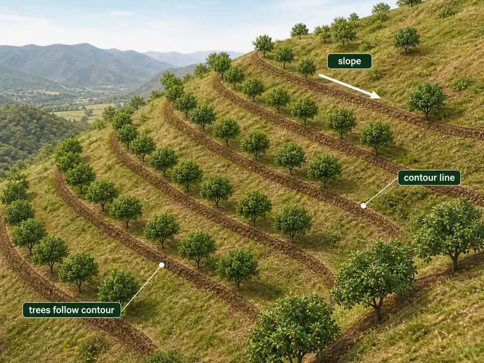 Contour terrace orchard system on sloping land showing trees planted along contour lines