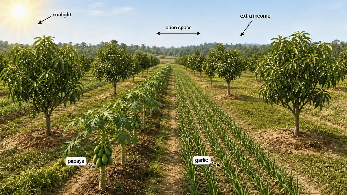 Young mango orchard intercropping with papaya and garlic grown between wide tree rows