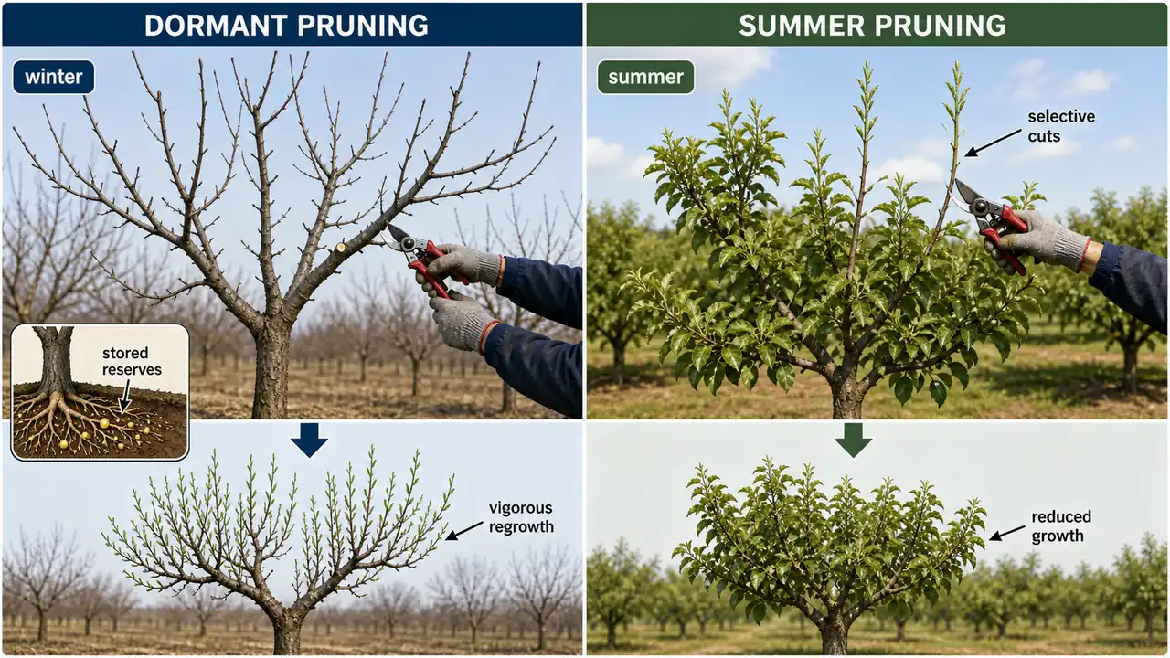 Dormant pruning and summer pruning comparison in fruit trees showing winter cuts, selective summer cuts, and their growth effects