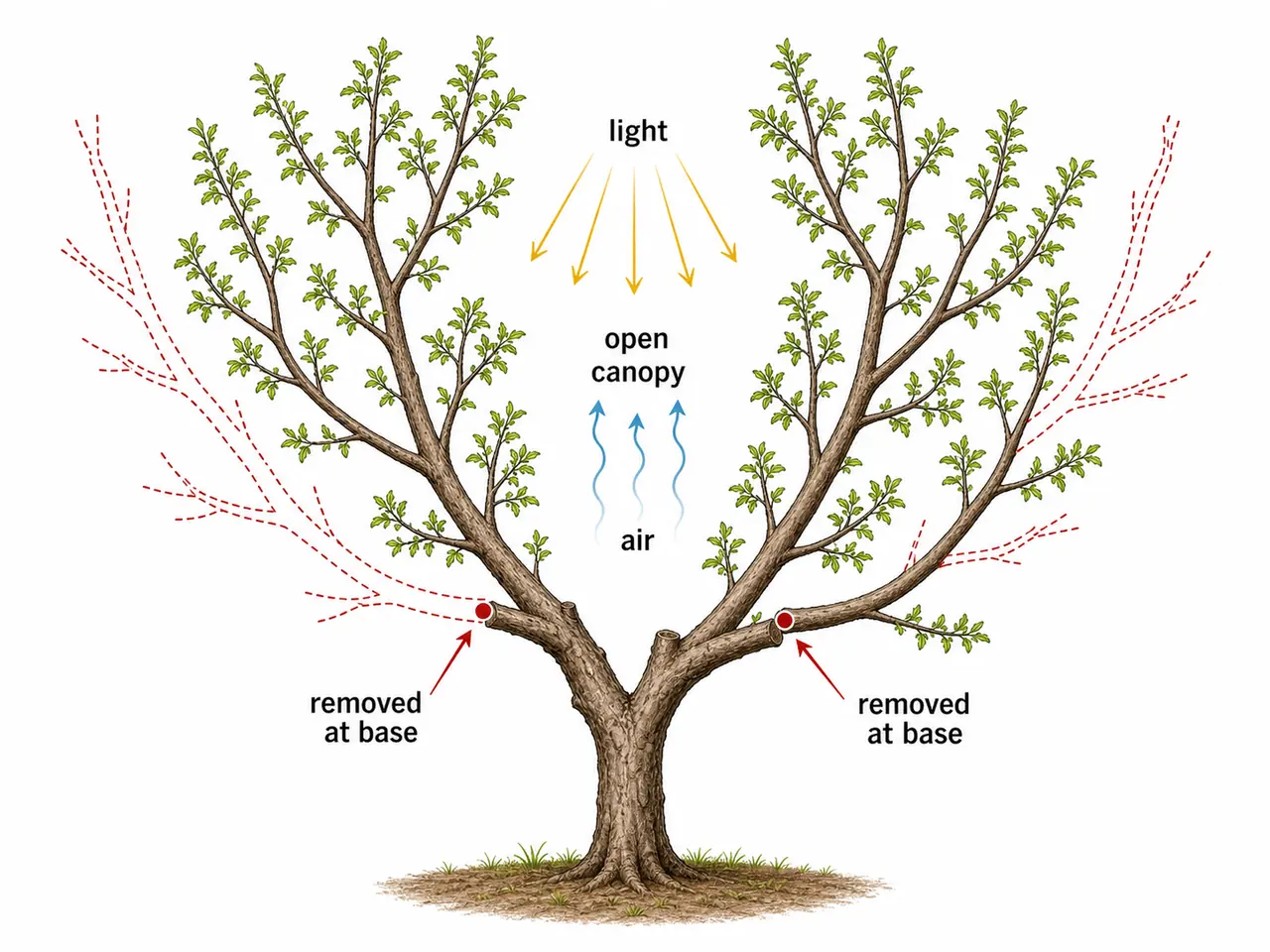 Thinning out in fruit tree pruning showing full branch removal at the base to open the canopy