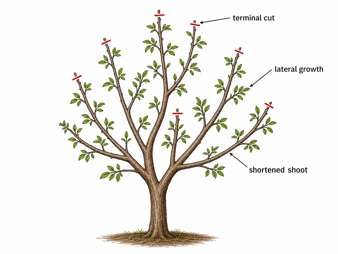 Heading back in fruit tree pruning showing terminal shoots shortened to encourage lateral growth