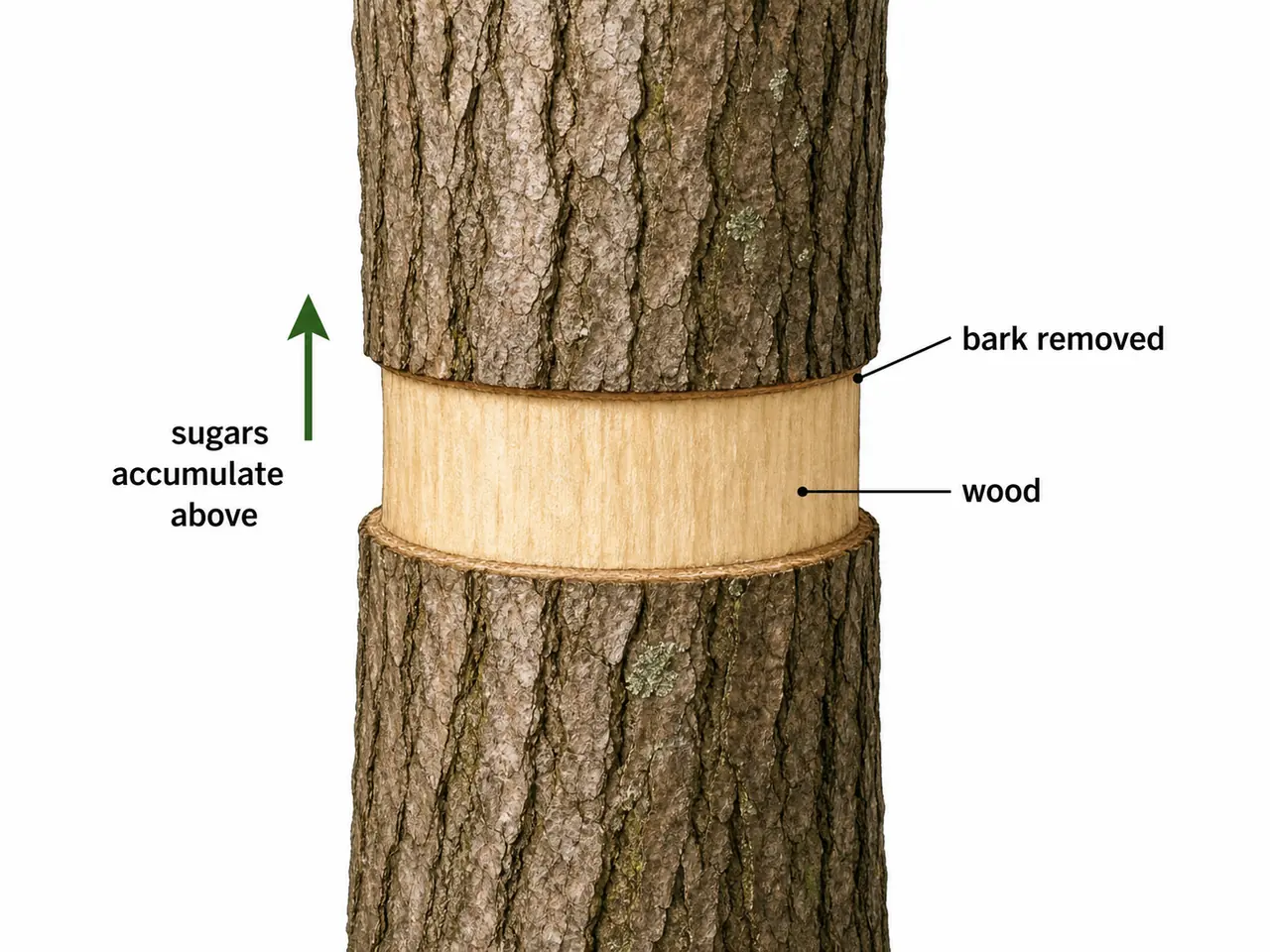 Ringing or girdling in fruit trees showing a bark ring removed around the trunk with sugars accumulating above the cut