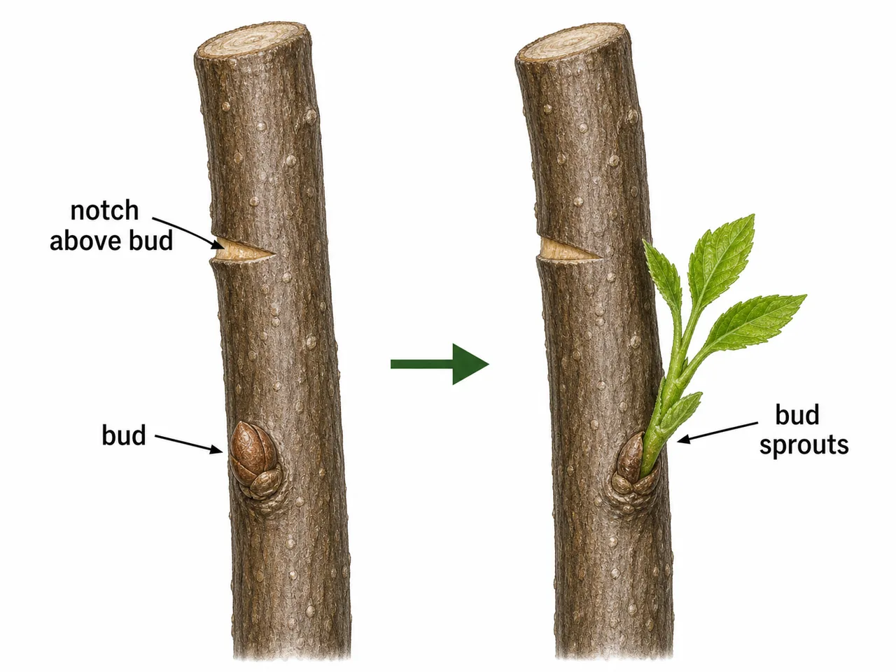 Notching in fruit tree pruning showing a notch cut above a bud to encourage sprouting