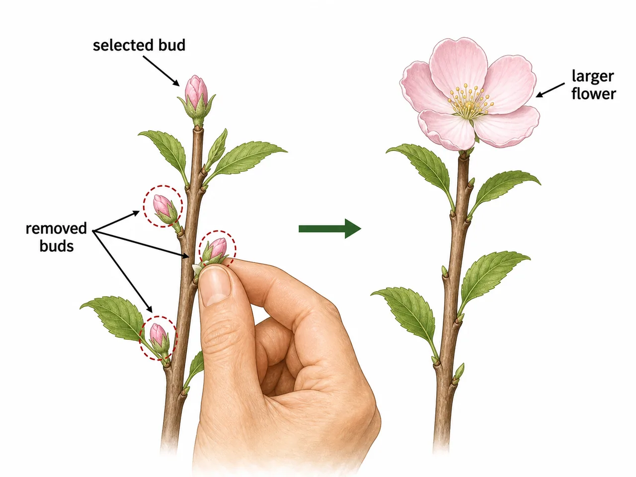 Disbudding in horticulture showing extra side buds removed while one selected bud is retained