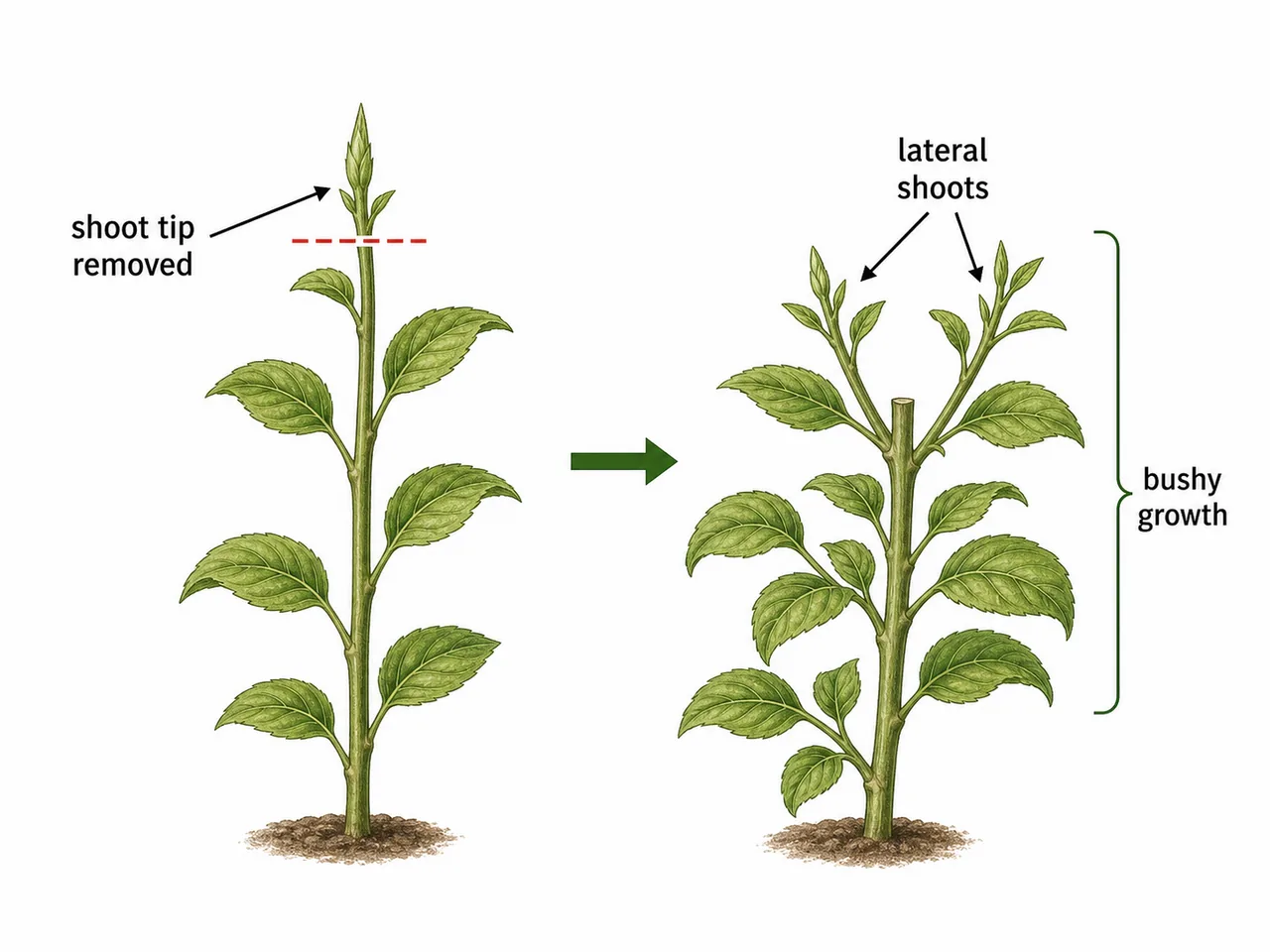 Pinching and topping in horticultural shoots showing the tip removed to promote lateral branching