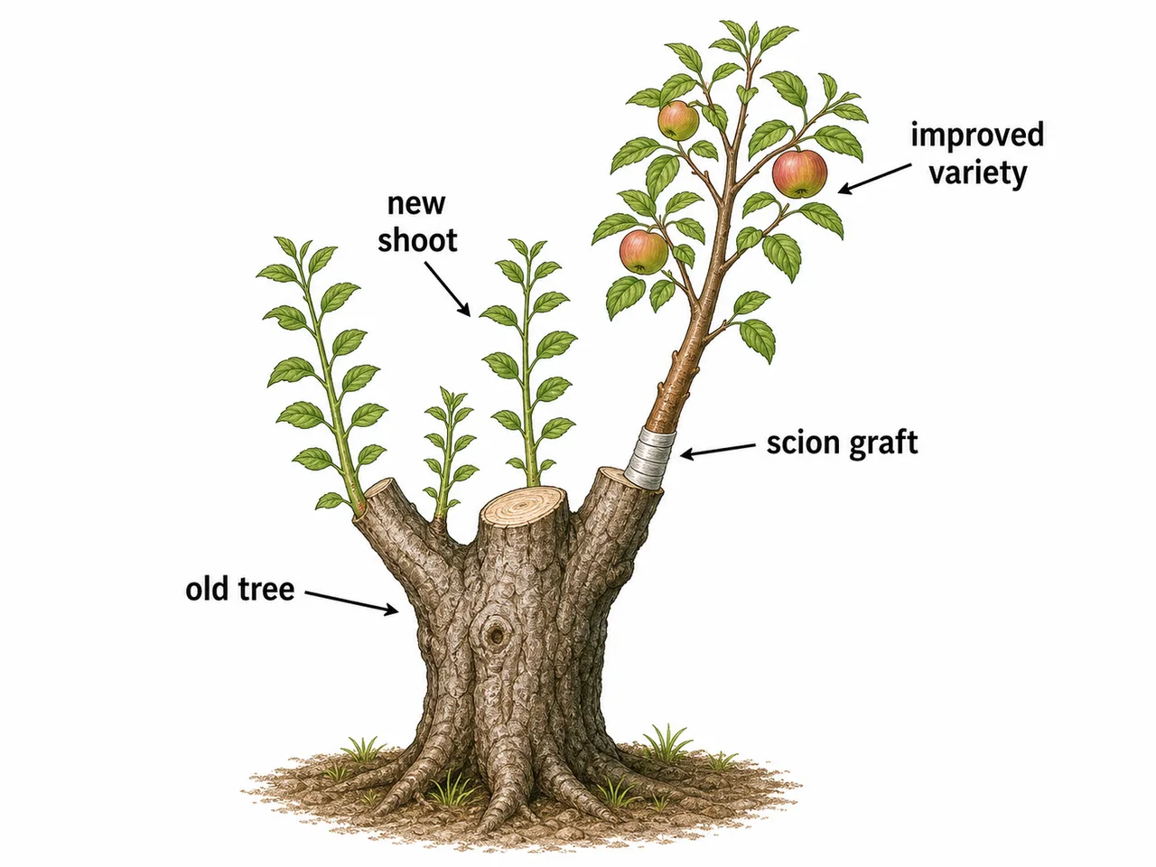 Top working in fruit trees showing a superior scion grafted onto new shoots emerging from a pruned old tree