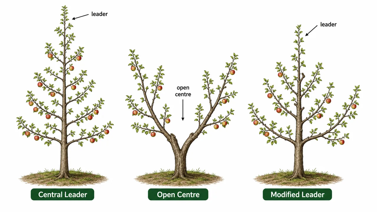 Fruit tree training systems comparison showing central leader, open centre, and modified leader forms