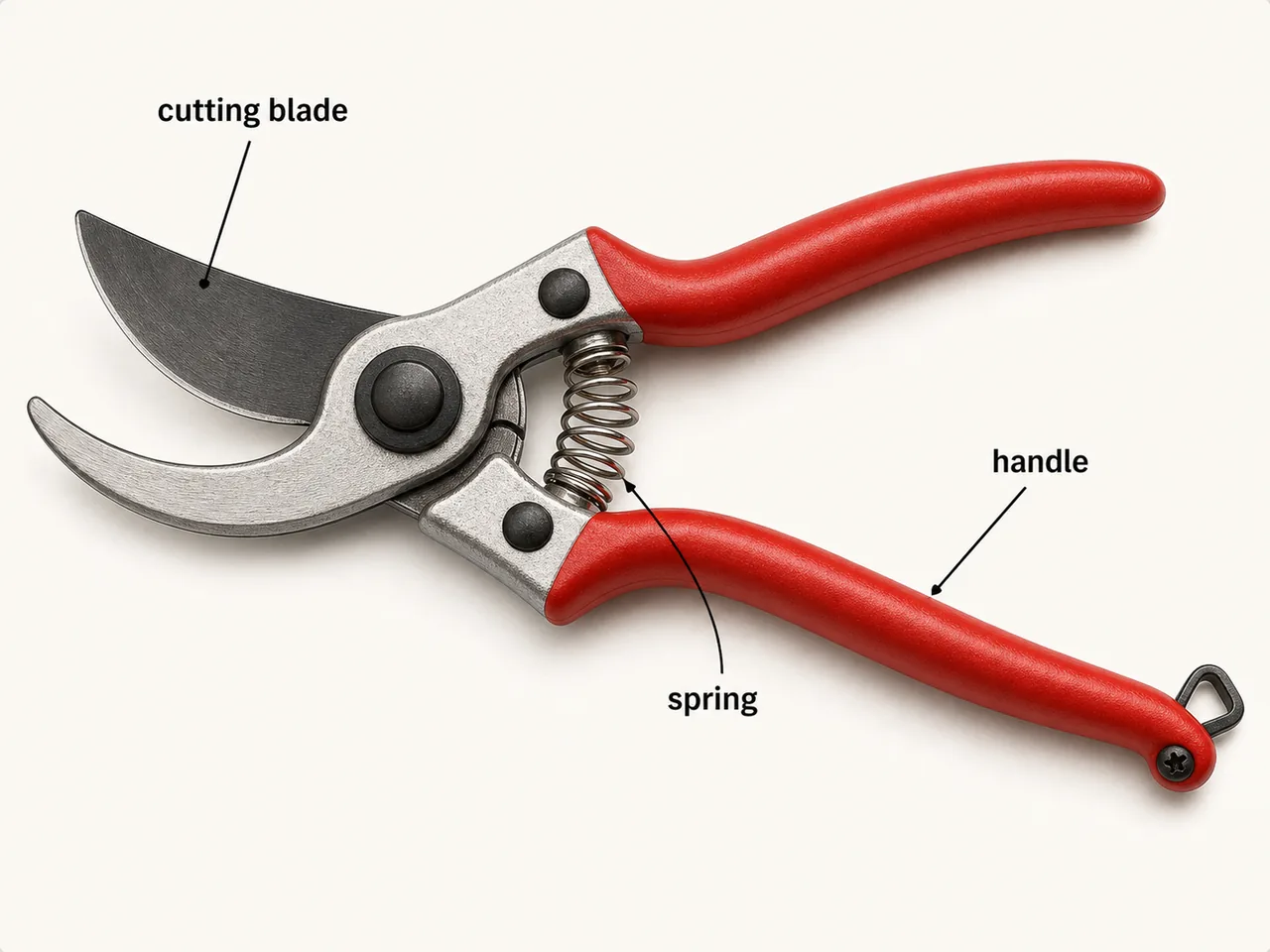 Secateur pruning tool showing hand pruner blades, spring, and handles used in horticulture