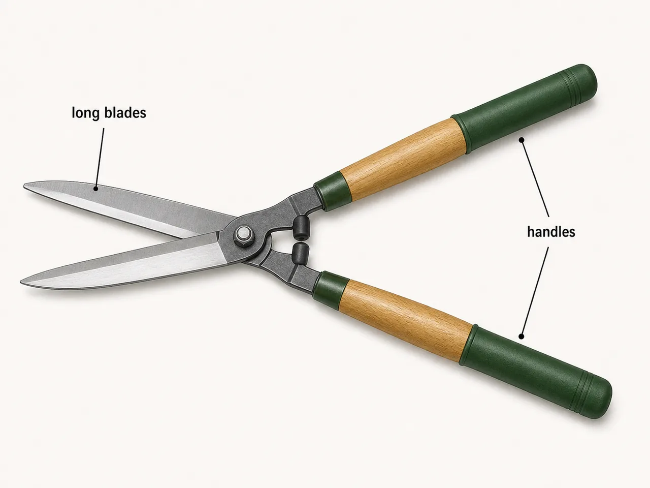 Hedge shear horticulture tool with long straight blades used for trimming hedges and shrubs