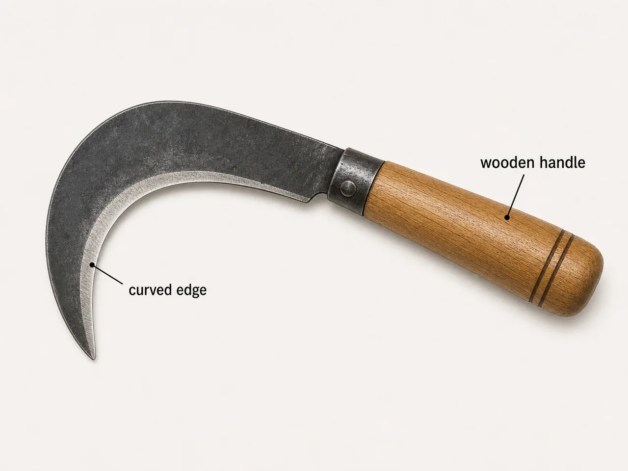 Bill hook horticultural cutting tool with curved edge and wooden handle for woody brush