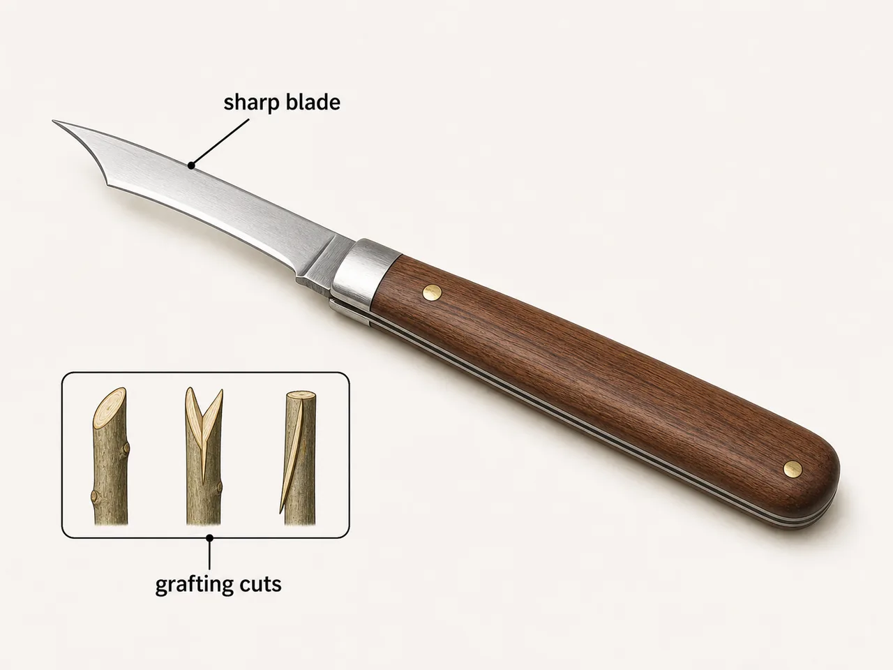 Grafting knife with narrow sharp blade used for budding and grafting cuts in horticulture