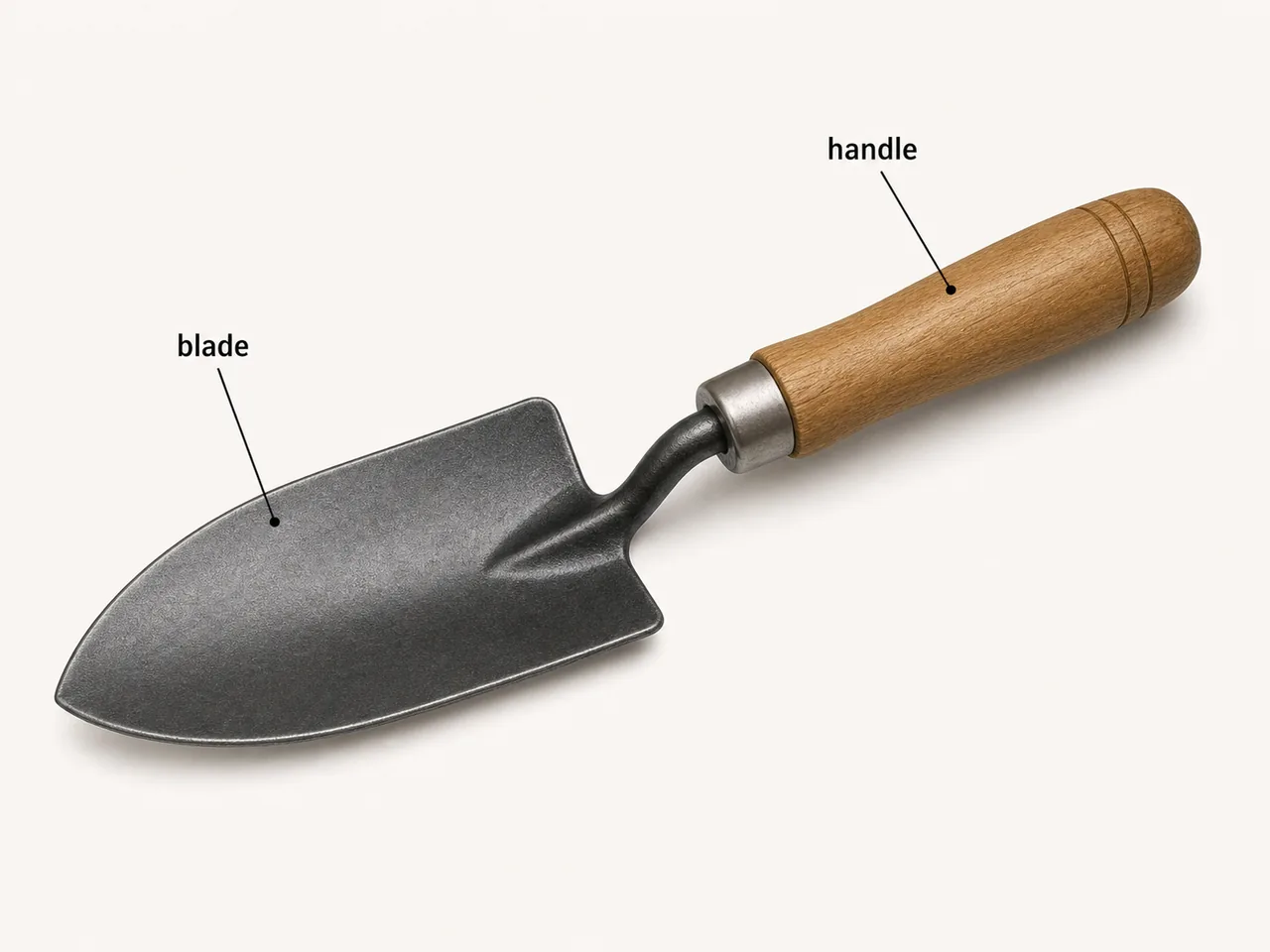 Hand trowel horticulture tool with scoop blade used for digging and transplanting seedlings
