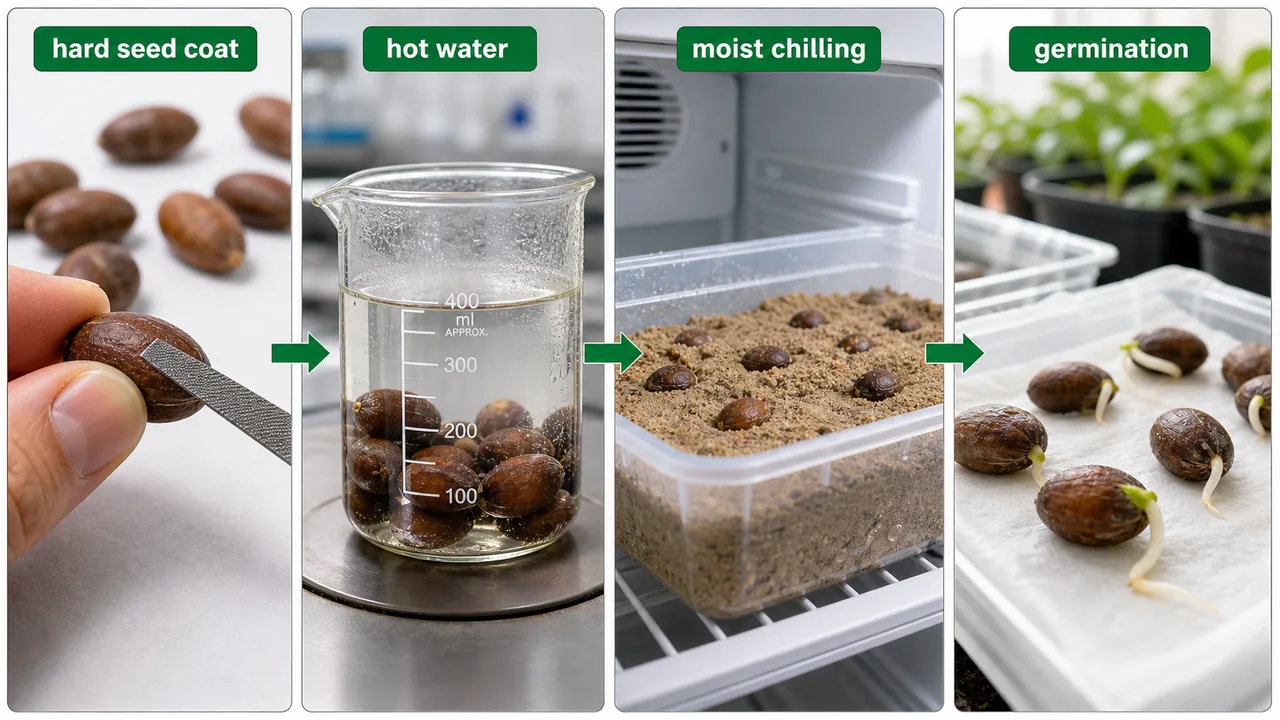Seed dormancy breaking methods in pomology showing scarification, hot water treatment, moist chilling, and germination