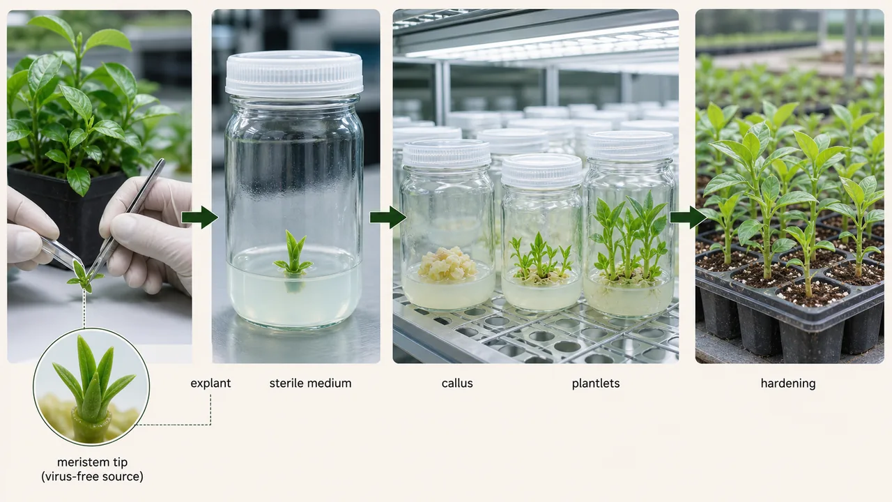 Tissue culture workflow in horticulture from meristem explant to sterile medium, callus, plantlets, and hardening