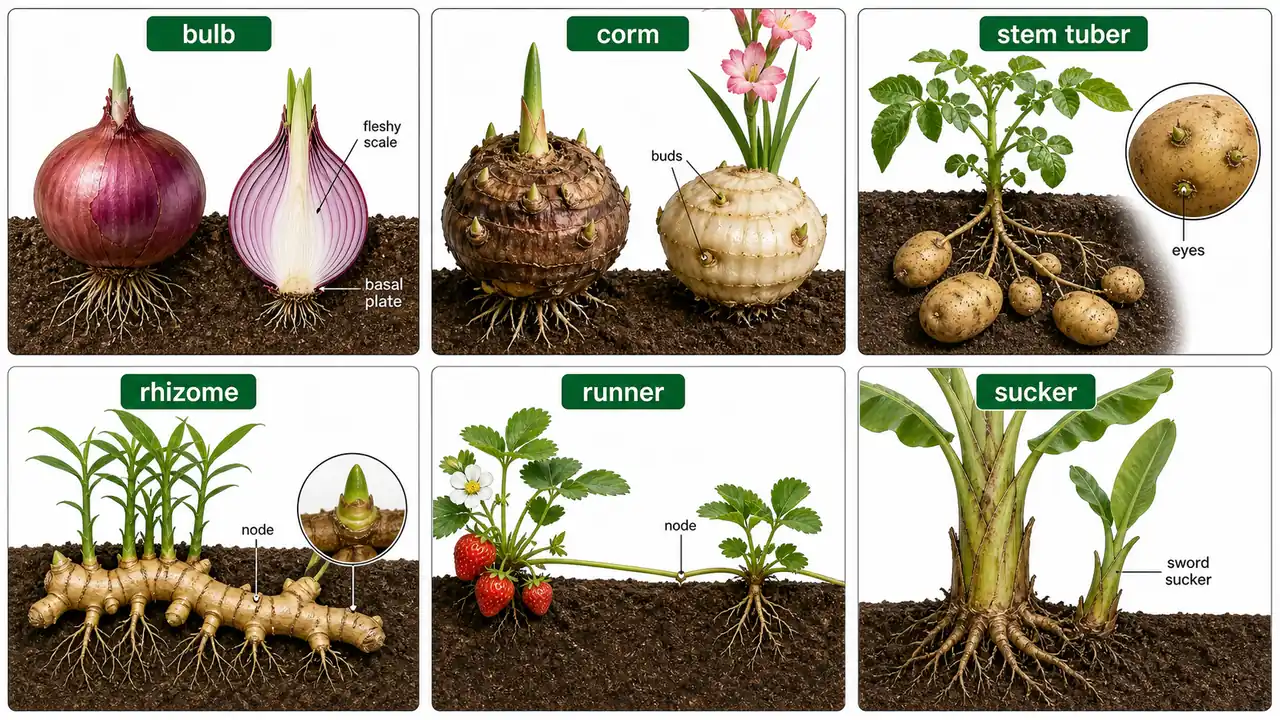 Comparison of specialised propagation organs in horticulture showing bulb, corm, stem tuber, rhizome, runner, and sucker