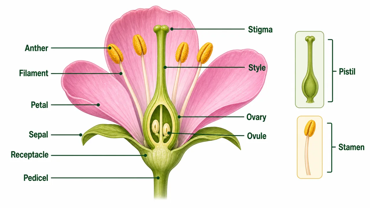 Generalized flower structure in pomology showing stigma, style, ovary, ovule, anther, filament, petal, sepal, receptacle and pedicel