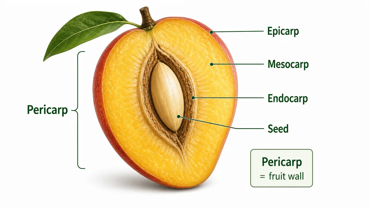 Fruit morphology diagram showing pericarp as the fruit wall with epicarp, mesocarp, endocarp and seed