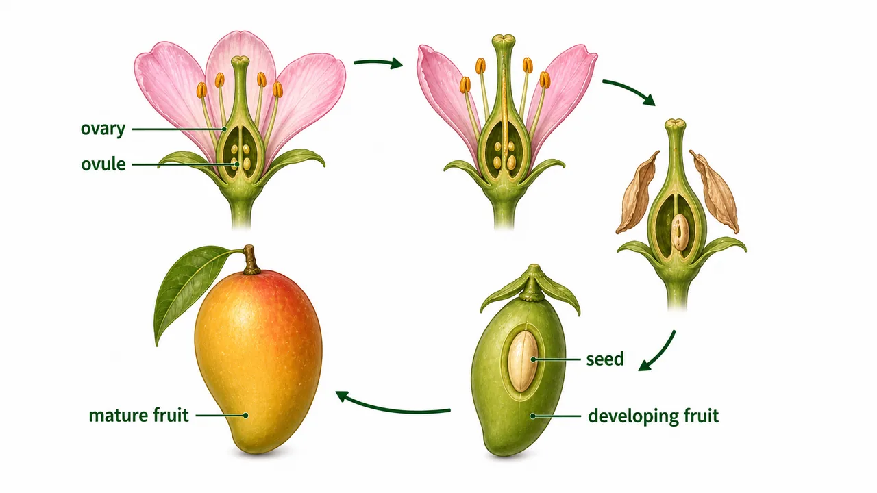 Fruit development sequence showing ovary and ovule after fertilization developing into seed and mature fruit