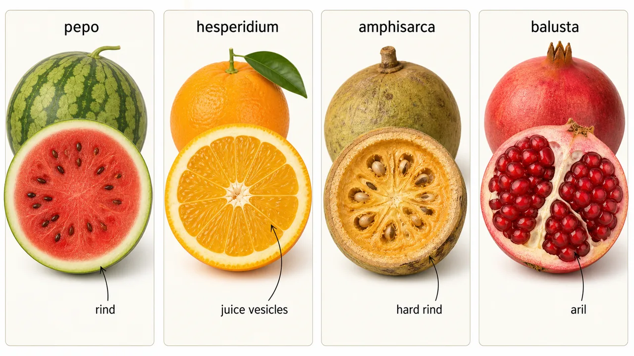 Modified berry types in pomology showing pepo, hesperidium, amphisarca and balusta with their distinctive edible or protective parts
