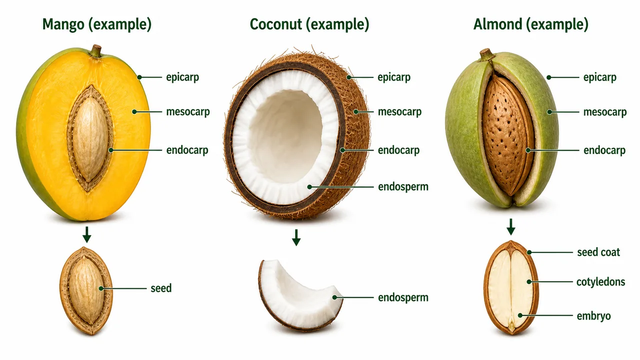 Drupe comparison showing mango, coconut and almond with epicarp, mesocarp, endocarp and their different edible parts