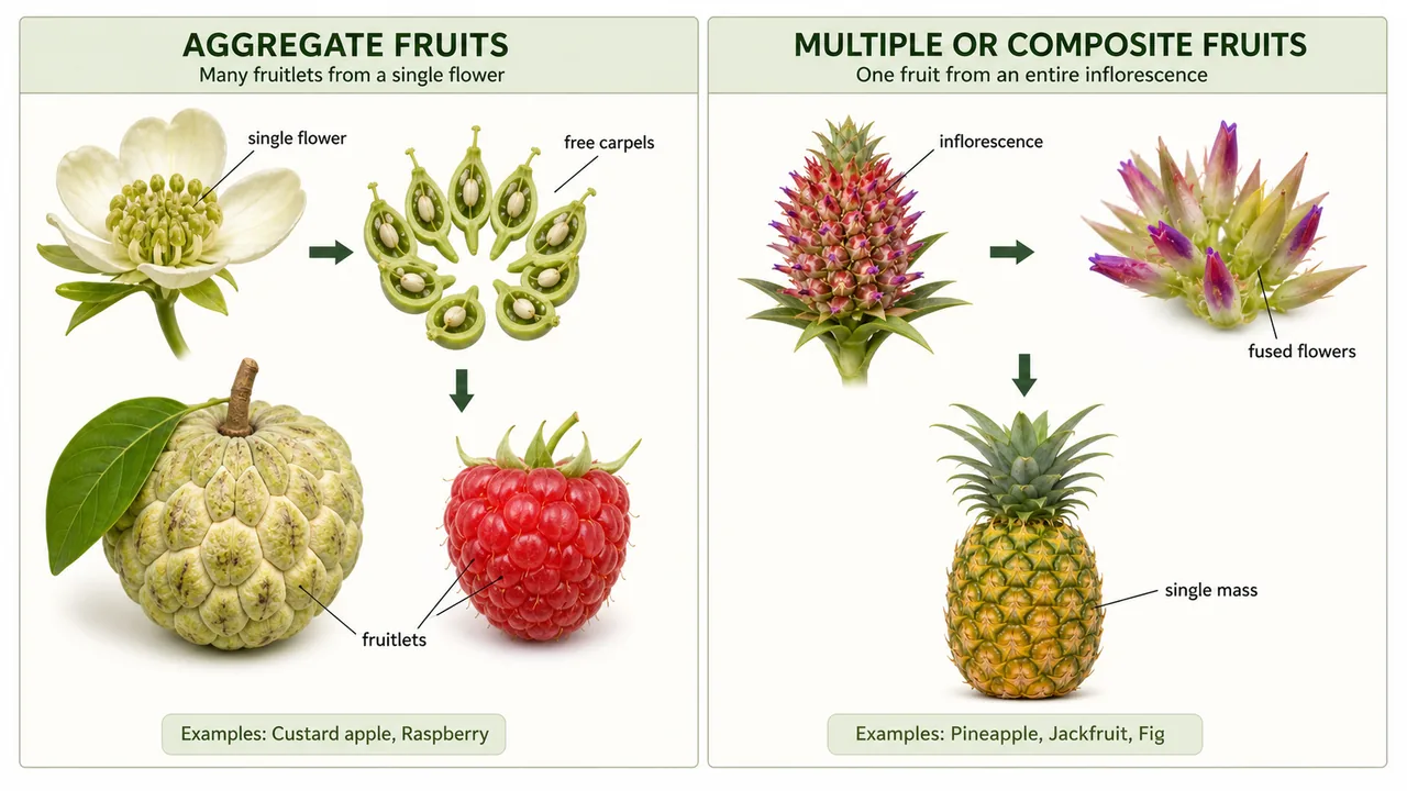 Comparison of aggregate fruits from a single flower with free carpels and multiple fruits formed from an inflorescence