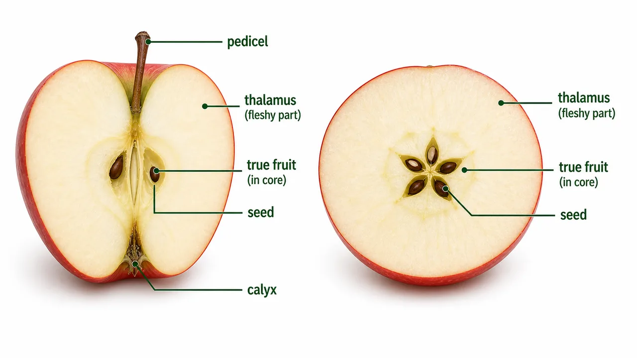 Pome fruit structure in apple showing fleshy thalamus around the true fruit core and seeds