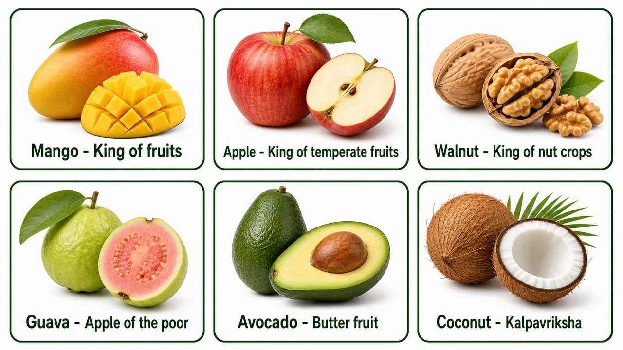Exam-oriented common fruit titles showing mango, apple, walnut, guava, avocado and coconut