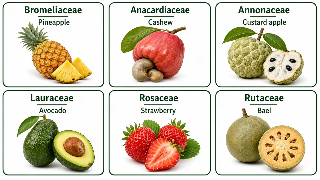 Important fruit crop families with representative fruits such as pineapple, cashew, custard apple, avocado, strawberry and bael