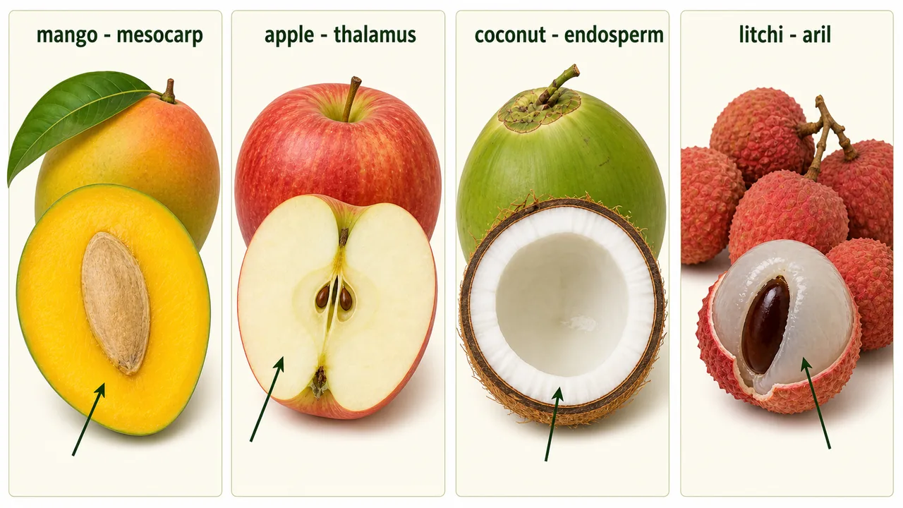 Edible parts of exam-important fruits showing mango mesocarp, apple thalamus, coconut endosperm and litchi aril