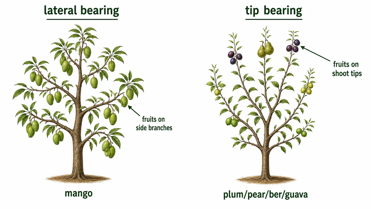 Fruiting pattern comparison between lateral bearing and tip bearing fruit crops