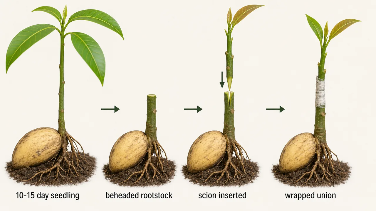 Mango epicotyl or stone grafting steps showing young seedling, beheaded rootstock, scion insertion, and wrapped graft union