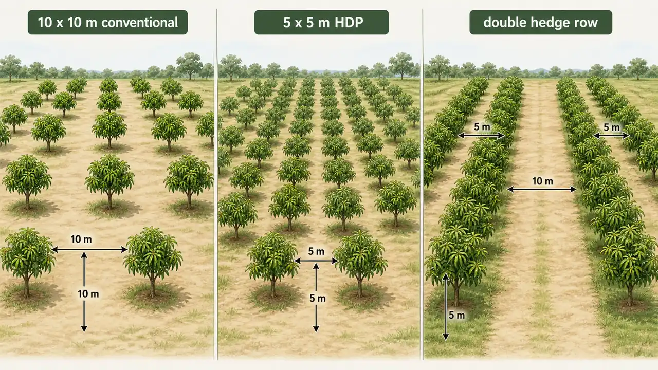 Mango orchard planting layouts comparing conventional spacing, high density planting, and double hedge row system