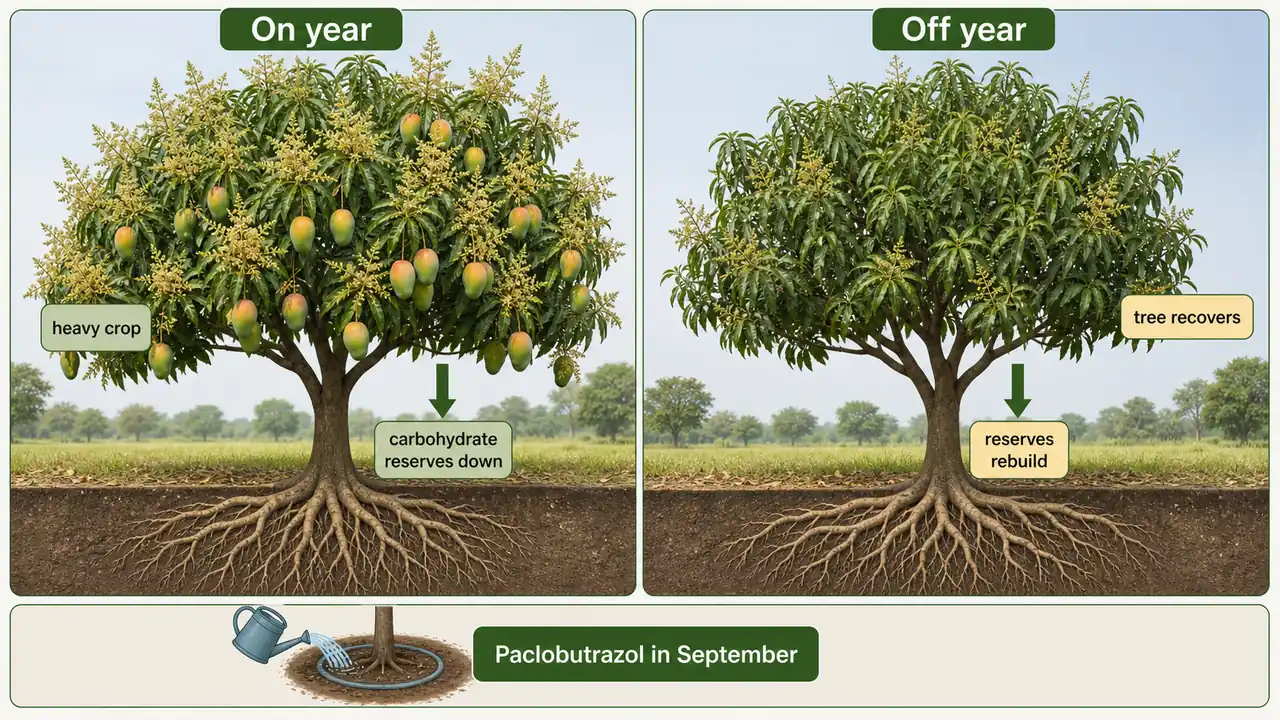 Mango alternate bearing comparison showing on year heavy crop with reserve depletion and off year reserve recovery with paclobutrazol soil drench
