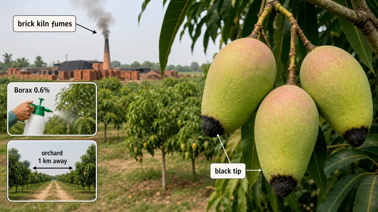 Mango black tip disorder showing distal fruit blackening linked with brick kiln fumes and borax spray management