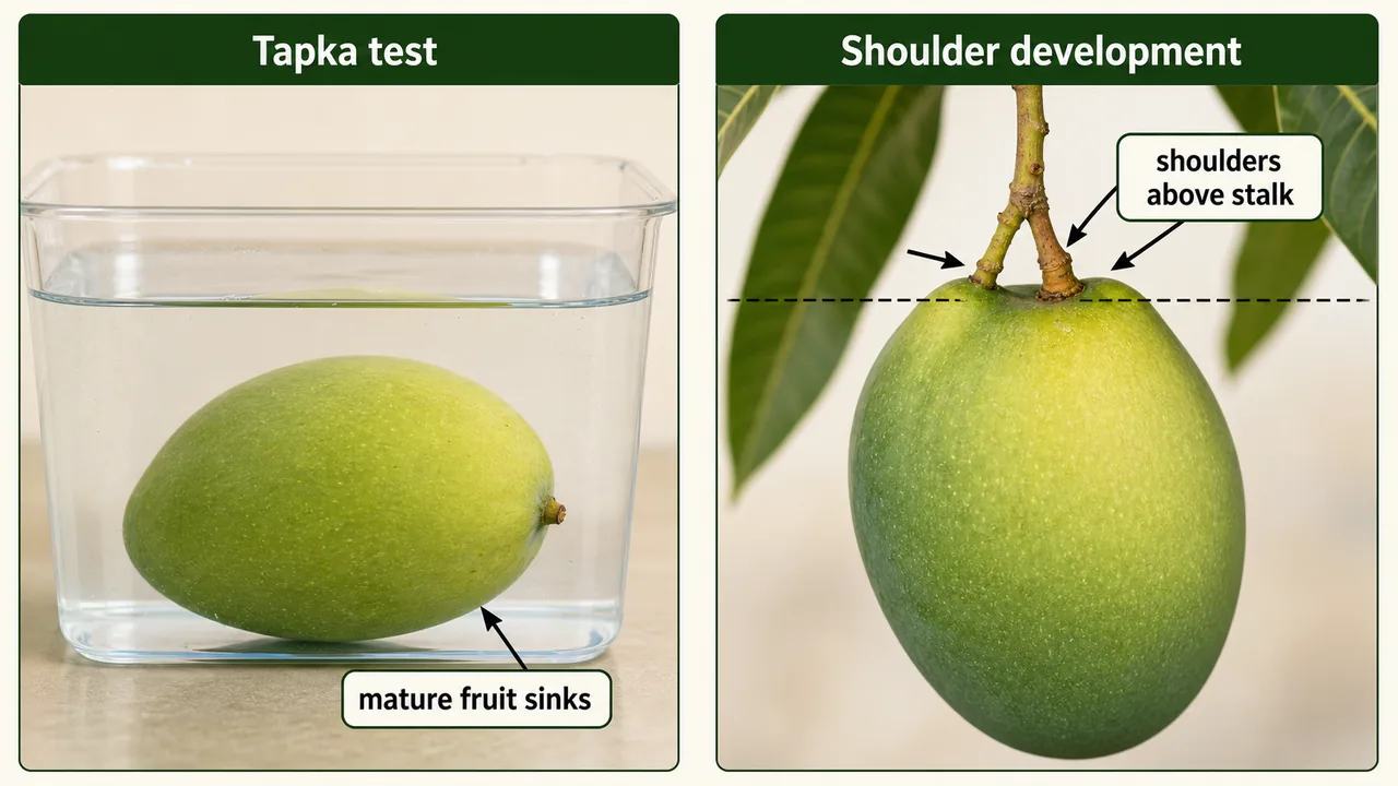 Mango maturity indices showing tapka sink test and shoulder development above stalk level