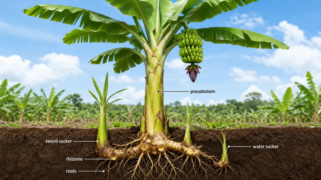 Banana plant structure showing pseudostem, underground rhizome, roots, and sword sucker propagation