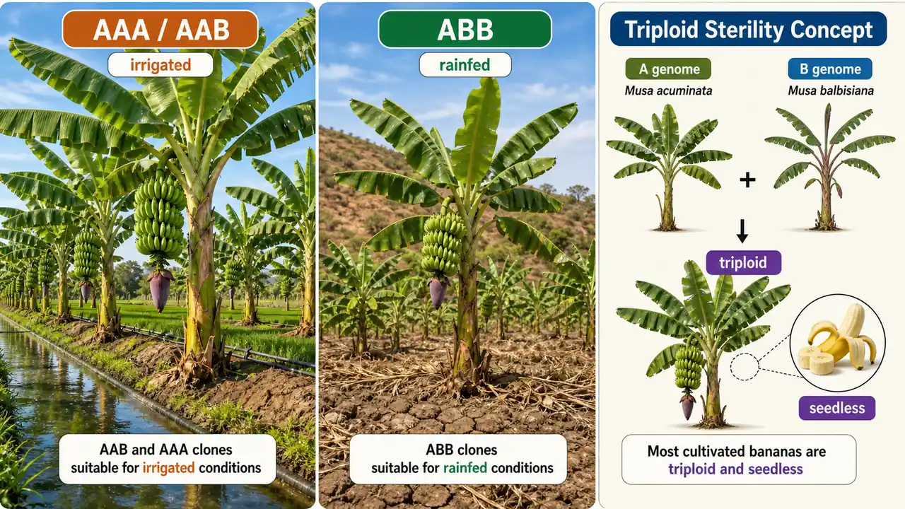 Banana genome groups showing AAA and AAB clones under irrigation, ABB clones under rainfed conditions, and triploid seedless cultivation