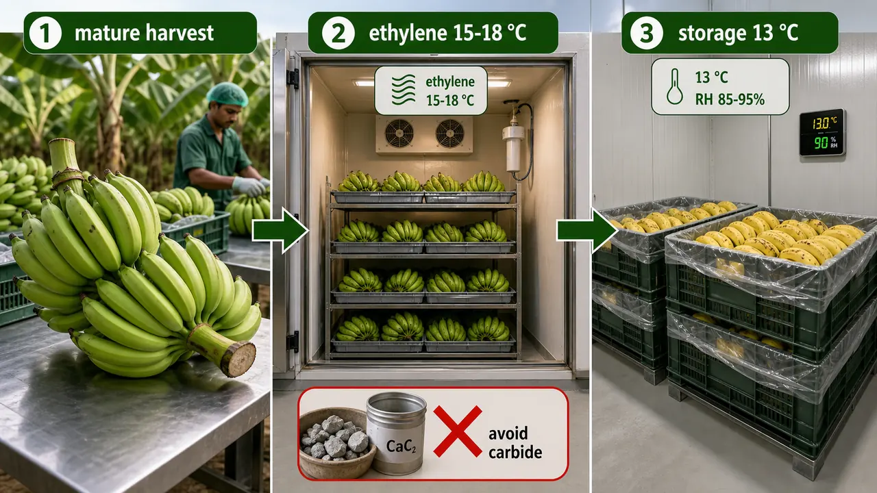 Banana post-harvest handling showing mature harvest, ethylene ripening chamber, and storage at 13 degrees Celsius with high humidity