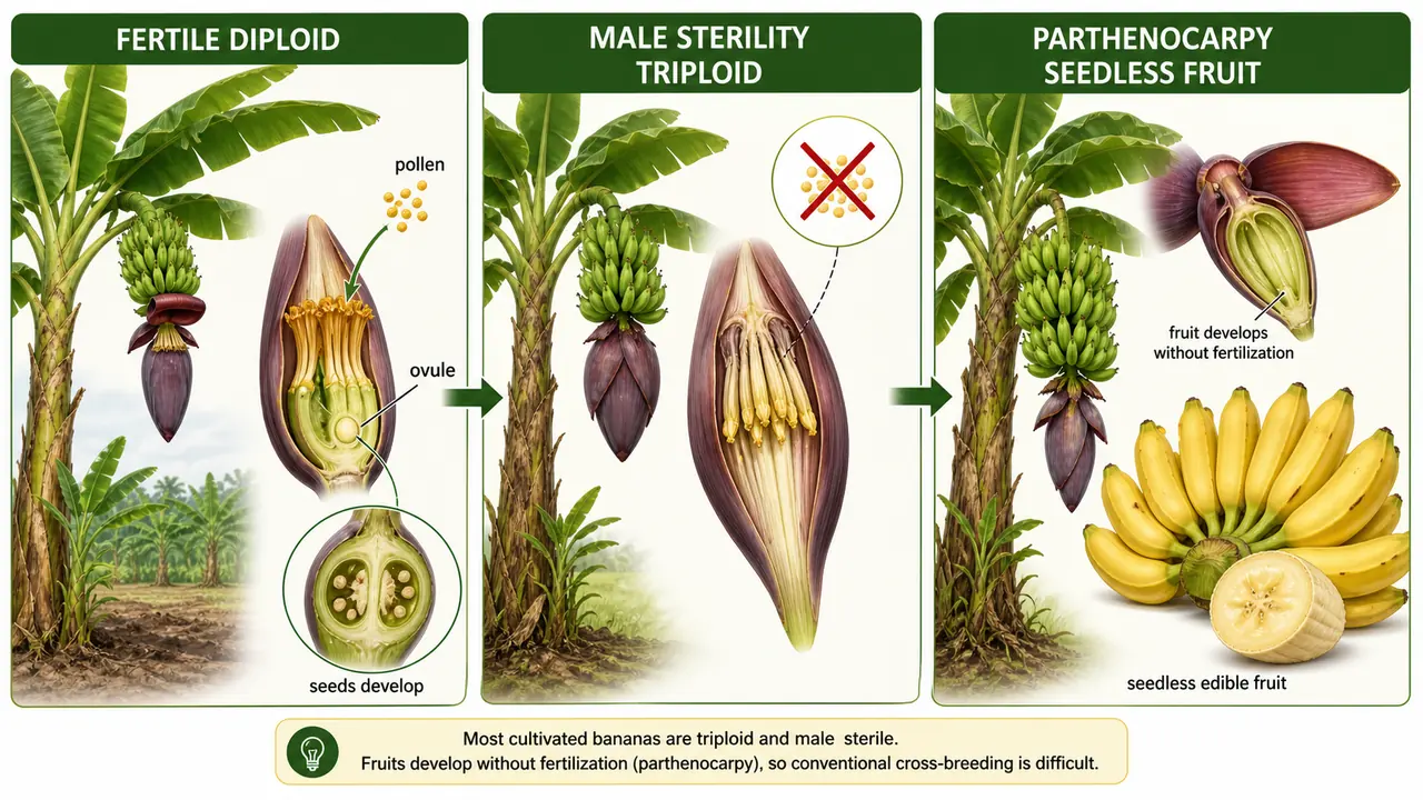 Banana breeding problem diagram showing fertile diploid contrast with male-sterile triploid flowers and parthenocarpic seedless fruit
