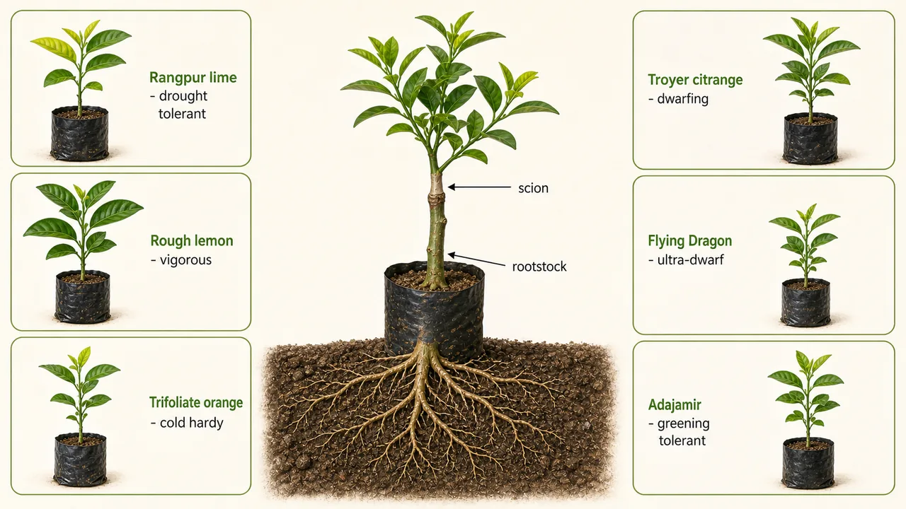 Citrus rootstock comparison showing Rangpur lime, Rough lemon, Trifoliate orange, Troyer citrange, Flying Dragon, and Adajamir with graft union