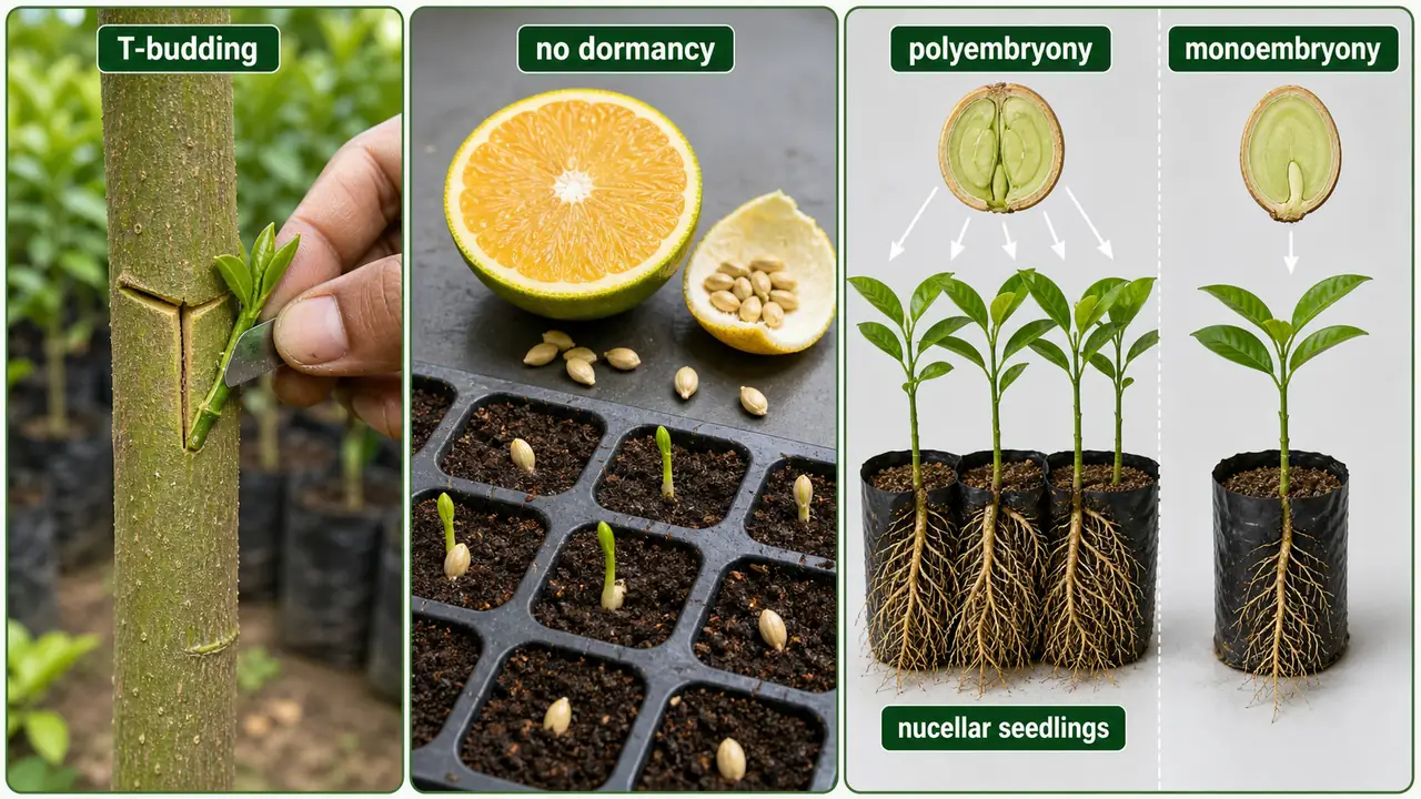 Citrus propagation visual showing T-budding, immediate sowing of non-dormant seeds, and polyembryony versus monoembryony seedlings