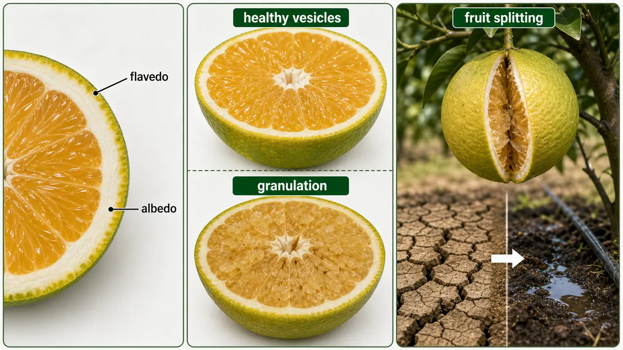 Citrus maturity and disorder illustration showing flavedo and albedo rind layers, granulation of juice vesicles, and fruit splitting after drought and irrigation