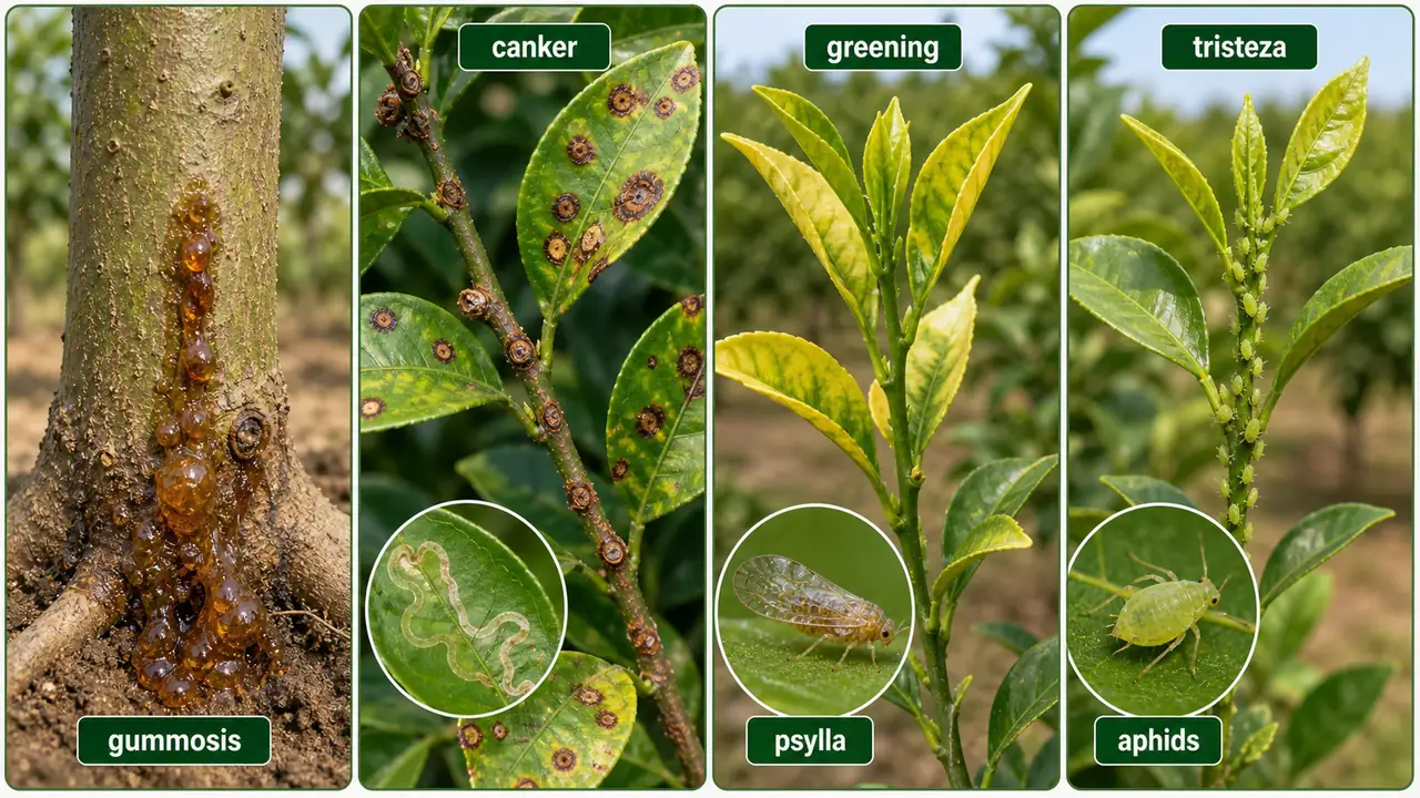 Major citrus disease comparison showing gummosis, canker, greening transmitted by psylla, and tristeza transmitted by aphids