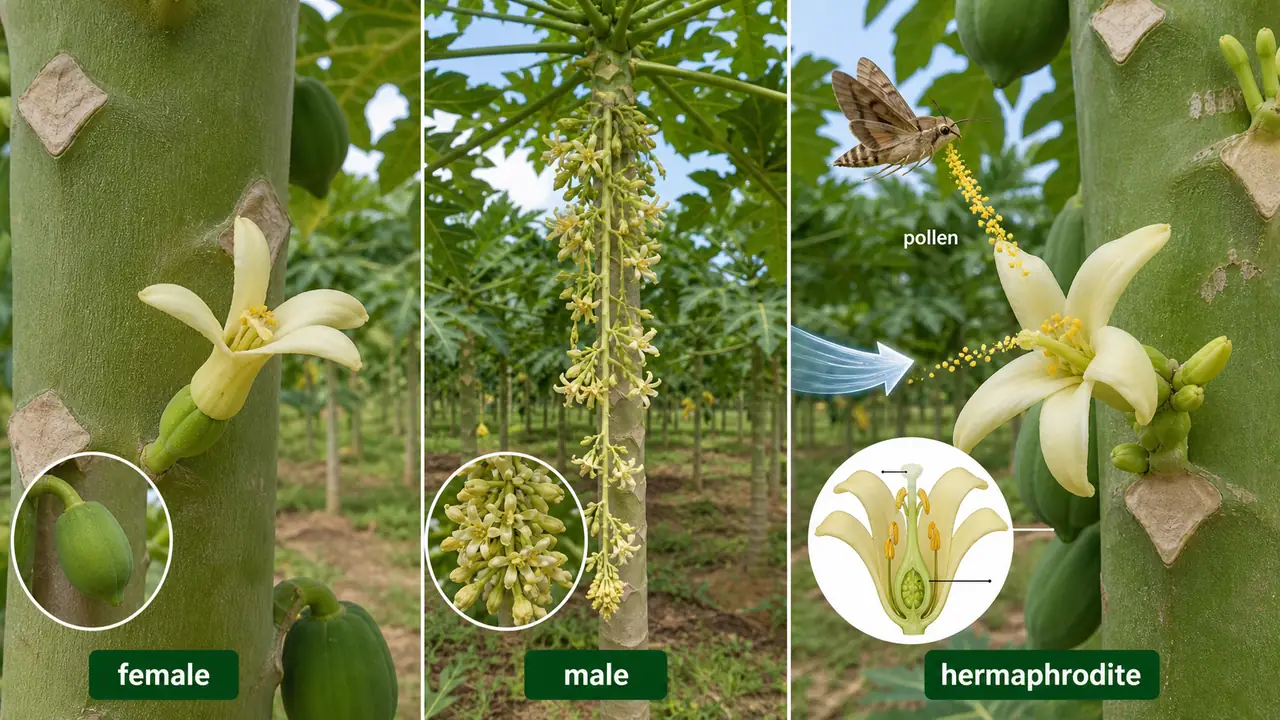 Papaya pollination and sex expression showing female, male, and hermaphrodite flowers used in pomology revision