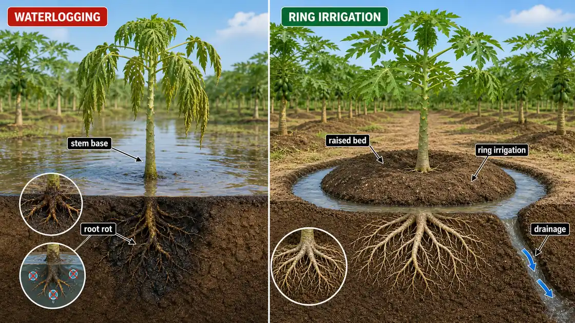 Papaya waterlogging injury compared with raised bed ring irrigation in orchard management